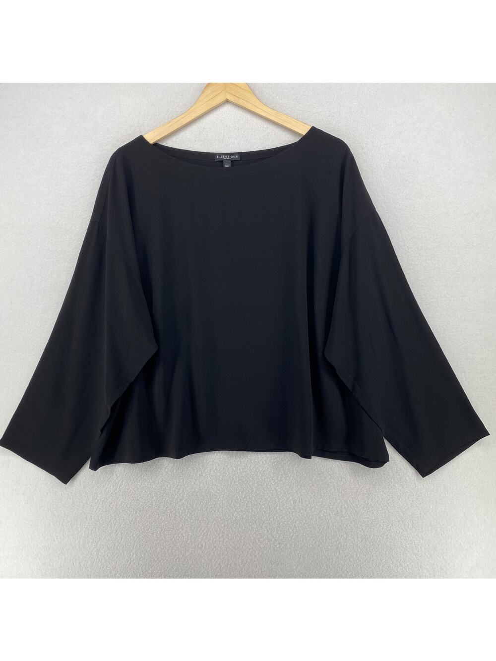 EILEEN FISHER Top 2X Plus Silk Georgette Crepe Boat Neck Long Sleeve Black NEW